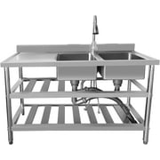 COFUN Commercial Restaurant Sink Stainless Steel Utility Sink Free-standing Kitchen Sink, Freestanding Outdoor Sink with Pull-Out Faucet(Double Bowl)