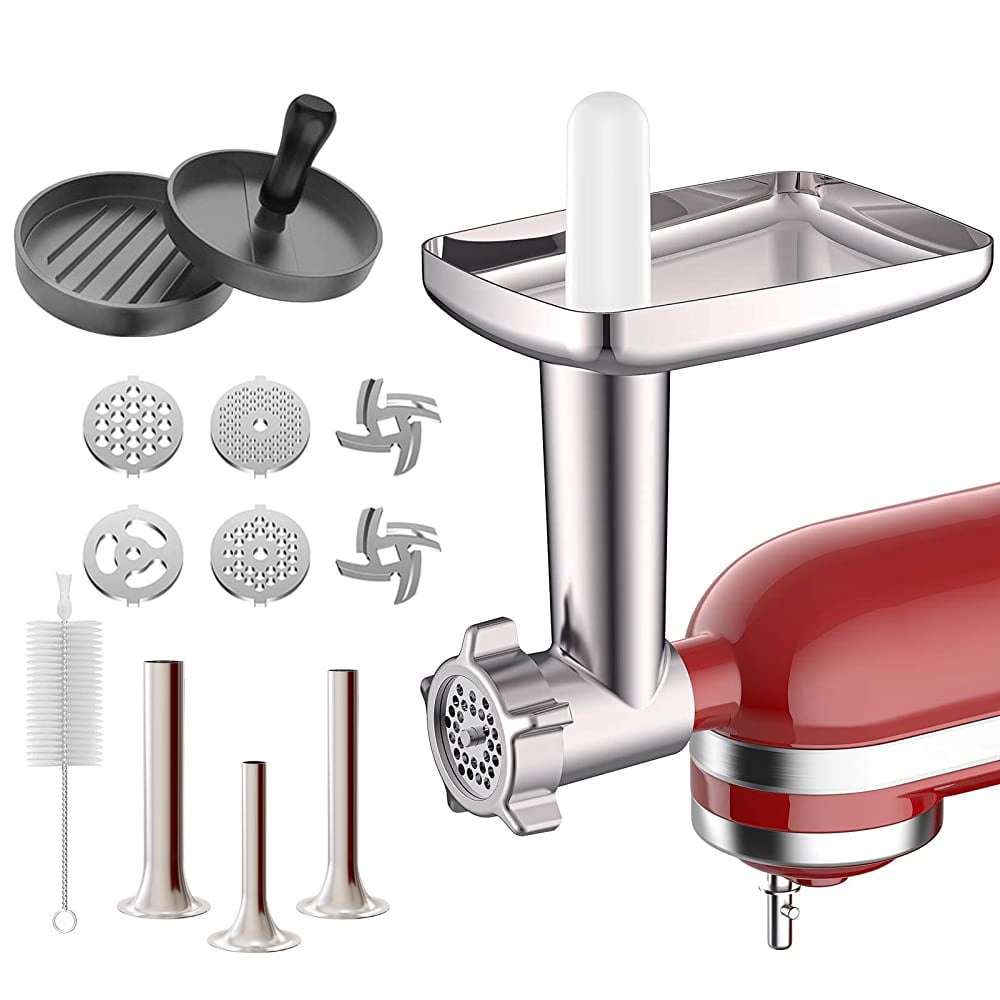Homer Metal Food Grinder Attachment for Kitchen Aid Stand Mixer, Meat Grinder Attachment Including 2 Sausage Stuffer Tubes, 2 Grinding Blades, 4 MG001
