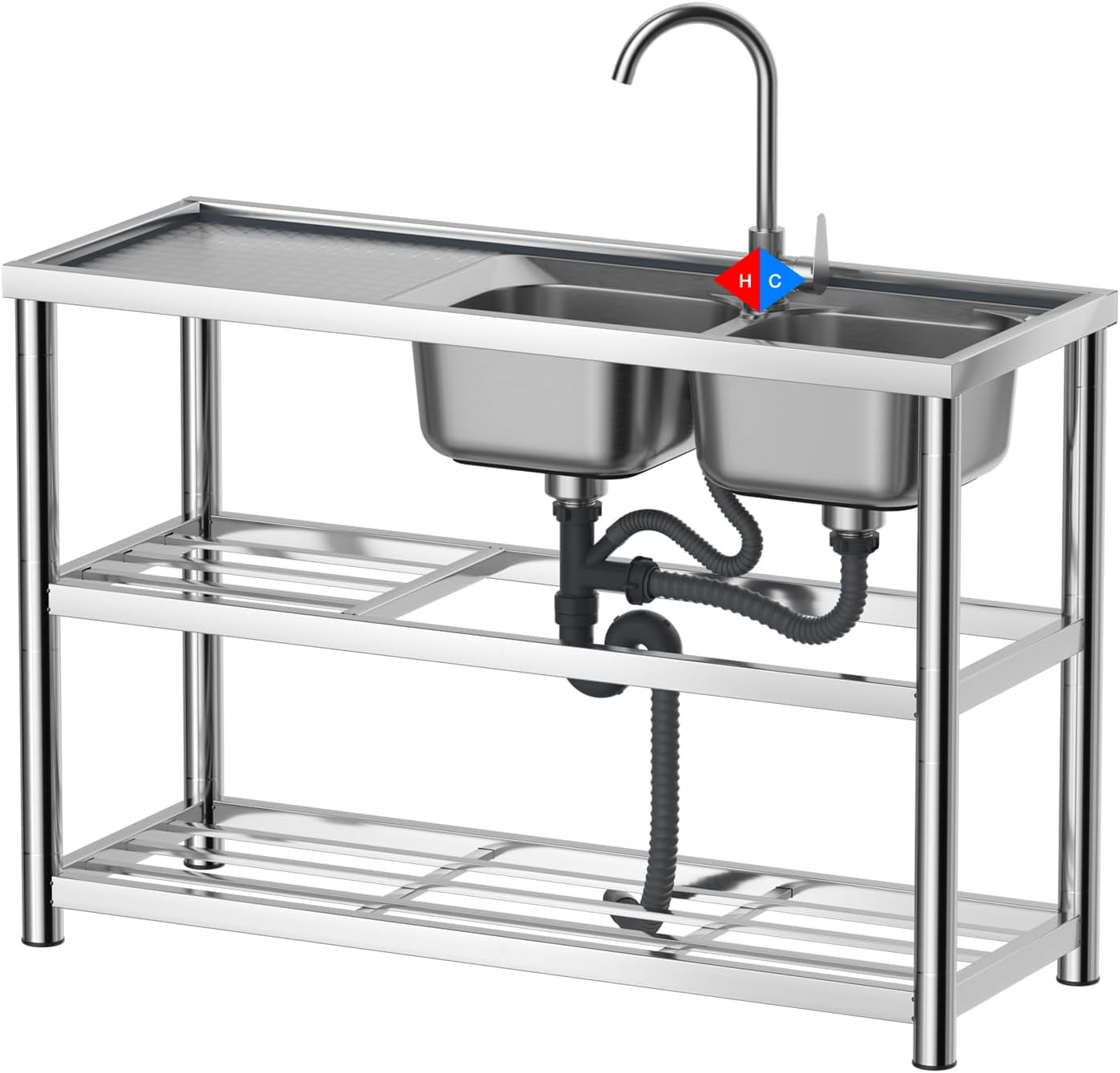 COFUN Stainless Steel Utility Sink, Free Standing Double Bowl Kitchen Sink with Workbench, Commercial Restaurant Sink Set for Outdoor, Garage, Laundry Room(2 Bowls)