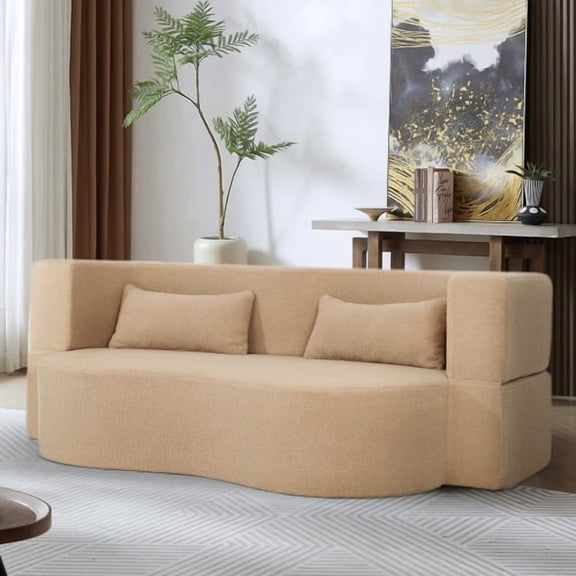 COFUNOK 2-in-1 Convertible Sofa Bed, Full Size Teddy Fabric Loveseat – No Assembly, Floor Sofa Mattress with 2 Pillows, Space-Saving Futon for Small Spaces, Apricot