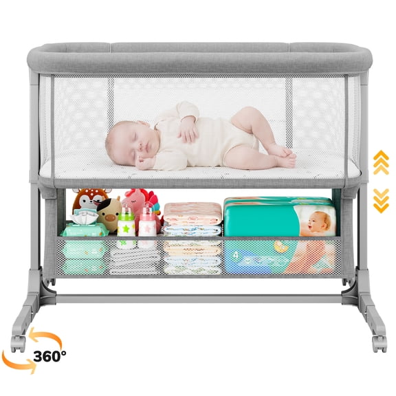 COFUNOK Baby Bassinet,Bedside Bassinet for Baby,Baby Bassinets Bedside Sleeper for Newborns,With 360° Swivel Wheels,7 Adjustable Height,Full-Mesh Sides,Large Storage Basket-Light gray