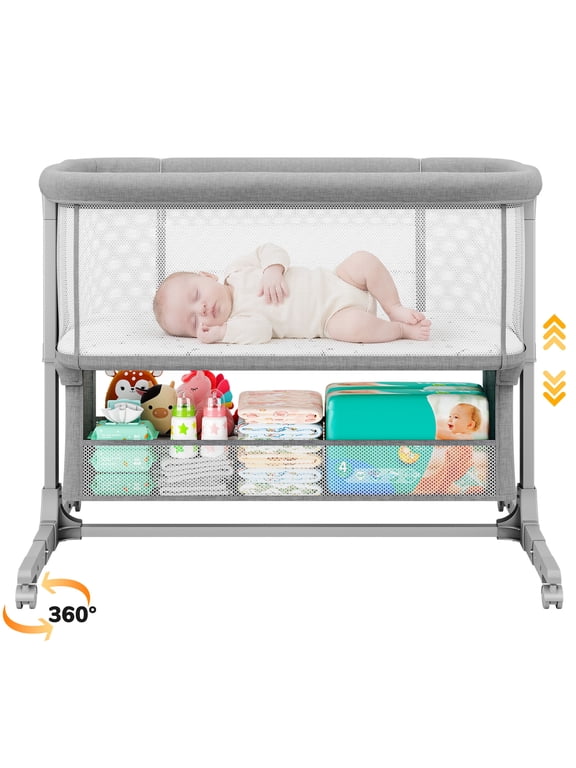 Baby Bassinet,Bedside Bassinet for Baby,Baby Bassinets Bedside Sleeper for Newborns,With 360° Swivel Wheels,7 Adjustable Height,Full-Mesh Sides,Large Storage Basket-Light gray