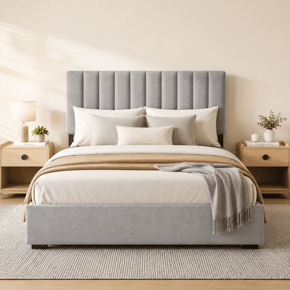 COFUNOK Full Platform Bed Frame, Velvet Upholstered Adjustable Headboard, No Box Spring Needed, Easy Assembly, Gray