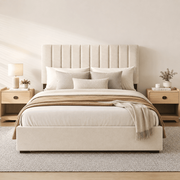 COFUNOK Full Platform Bed Frame, Velvet Upholstered Adjustable Headboard, No Box Spring Needed, Easy Assembly, Off-white
