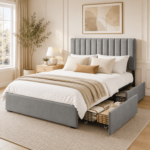 COFUNOK Full Platform Bed Frame with 4 Storage Drawers, Velvet Upholstered Adjustable Headboard, No Box Spring Needed, Easy Assembly, Gray