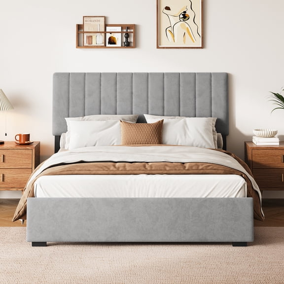 COFUNOK King Platform Bed Frame, Velvet Upholstered Adjustable Headboard, No Box Spring Needed, Easy Assembly, Gray