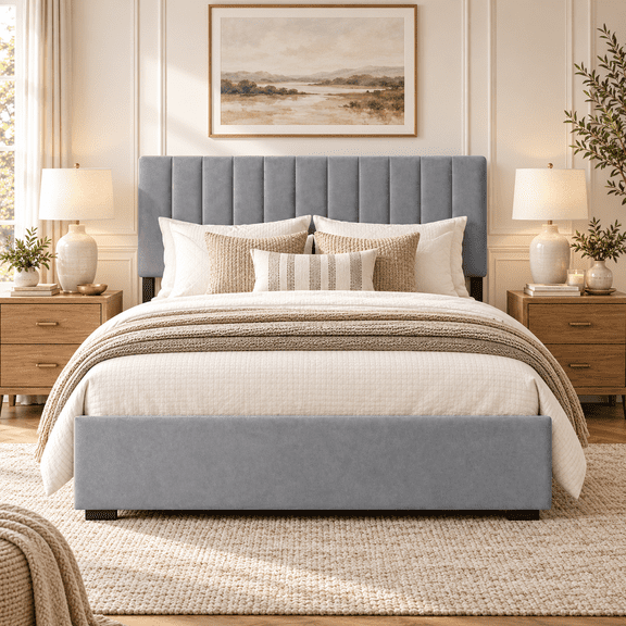 COFUNOK King Platform Bed Frame, Velvet Upholstered Adjustable Headboard, No Box Spring Needed, Easy Assembly, Gray