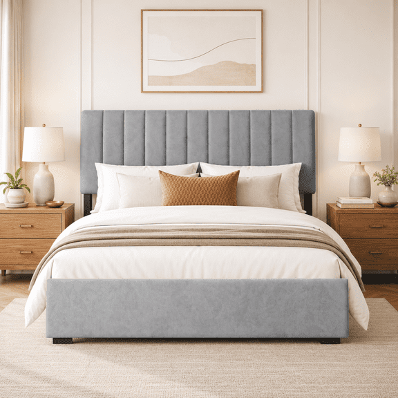 COFUNOK Queen Platform Bed Frame, Velvet Upholstered Adjustable Headboard, No Box Spring Needed, Easy Assembly, Gray