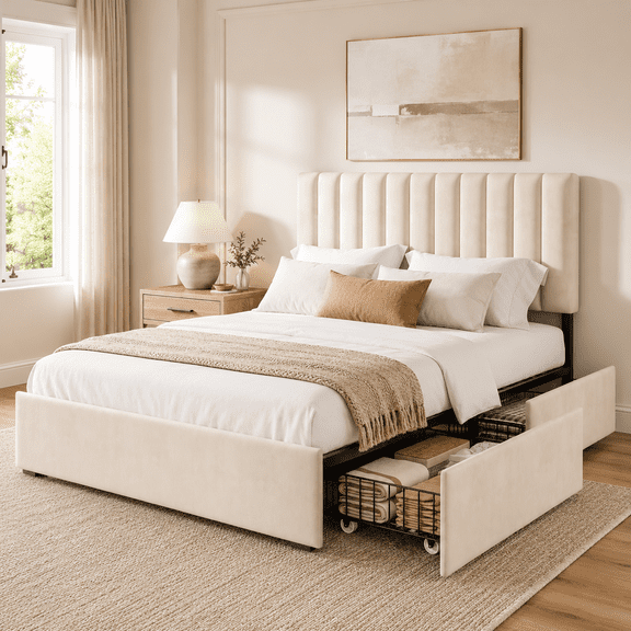 COFUNOK Queen Platform Bed Frame with 4 Storage Drawers, Velvet Upholstered Adjustable Headboard, No Box Spring Needed, Easy Assembly, Off-white