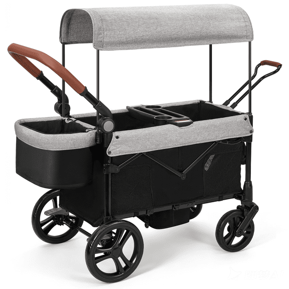 COFUNOK Stroller Wagon for 2 Kids, All-Terrain Foldable Kids Wagon Stroller with Removable Canopy, Mosquito Net, Snack Tray, Cup Holders & Storage Basket-Grey