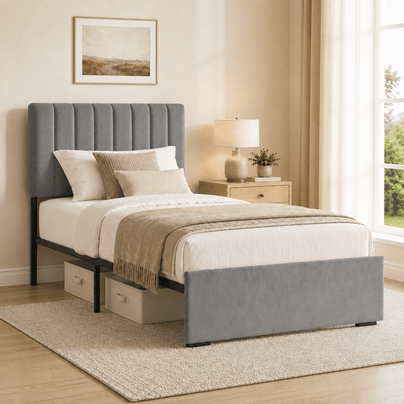 COFUNOK Twin Platform Bed Frame, Velvet Upholstered Adjustable Headboard, No Box Spring Needed, Easy Assembly, Gray