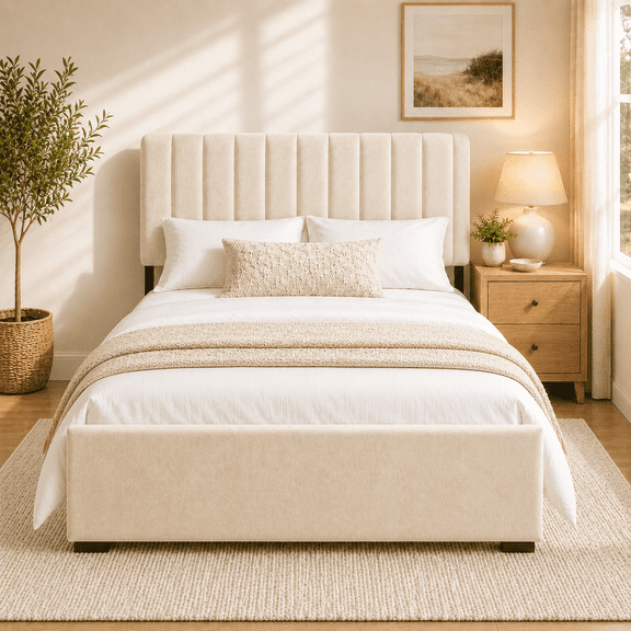 COFUNOK Twin Platform Bed Frame, Velvet Upholstered Adjustable Headboard, No Box Spring Needed, Easy Assembly, Off-white