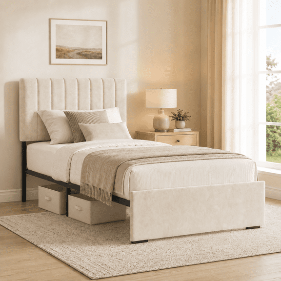 COFUNOK Twin Platform Bed Frame, Velvet Upholstered Adjustable Headboard, No Box Spring Needed, Easy Assembly, Off-white