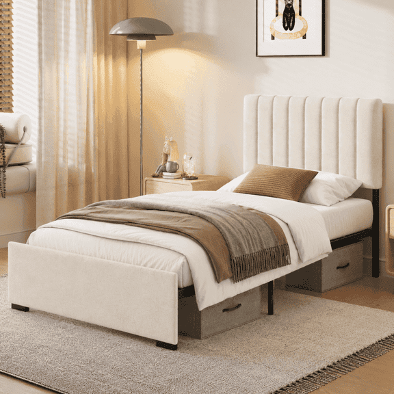 COFUNOK Twin Platform Bed Frame, Velvet Upholstered Adjustable Headboard, No Box Spring Needed, Easy Assembly, Off-white
