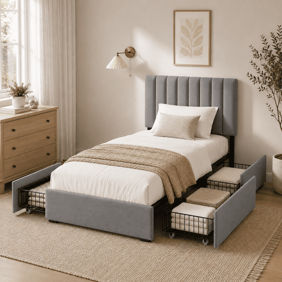 COFUNOK Twin Platform Bed Frame with 4 Storage Drawers, Velvet Upholstered Adjustable Headboard, No Box Spring Needed, Easy Assembly, Gray
