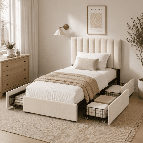COFUNOK Twin Platform Bed Frame with 4 Storage Drawers, Velvet Upholstered Adjustable Headboard, No Box Spring Needed, Easy Assembly, Off-white