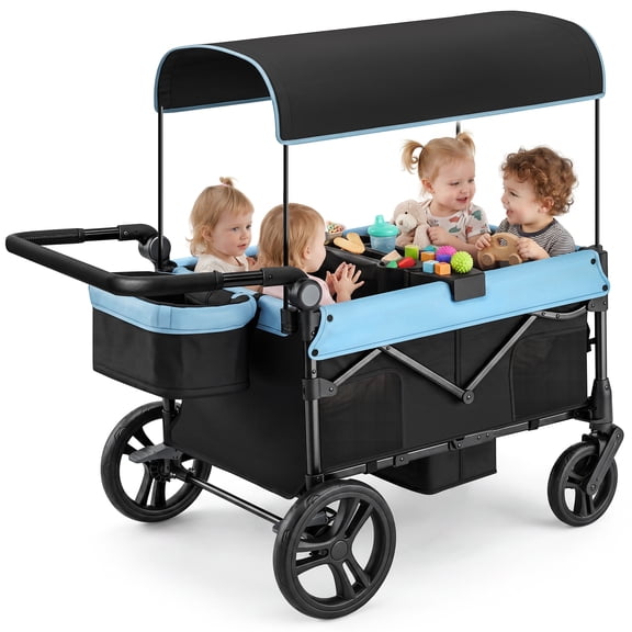 COFUNOK 4 Seater Wagon Stroller for Kids, Foldable Stroller Wagon with Adjustable Canopy, Push & Pull Handles, Snack Tray, Storage Bag, Blue