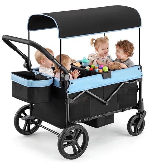 COFUNOK Wagon Stroller,4 Seats Wagon Stroller ,Folding Wagon Stroller for 4 Kids with Adjustable Canopy, Adjustable Handles,Large Storage, Blue