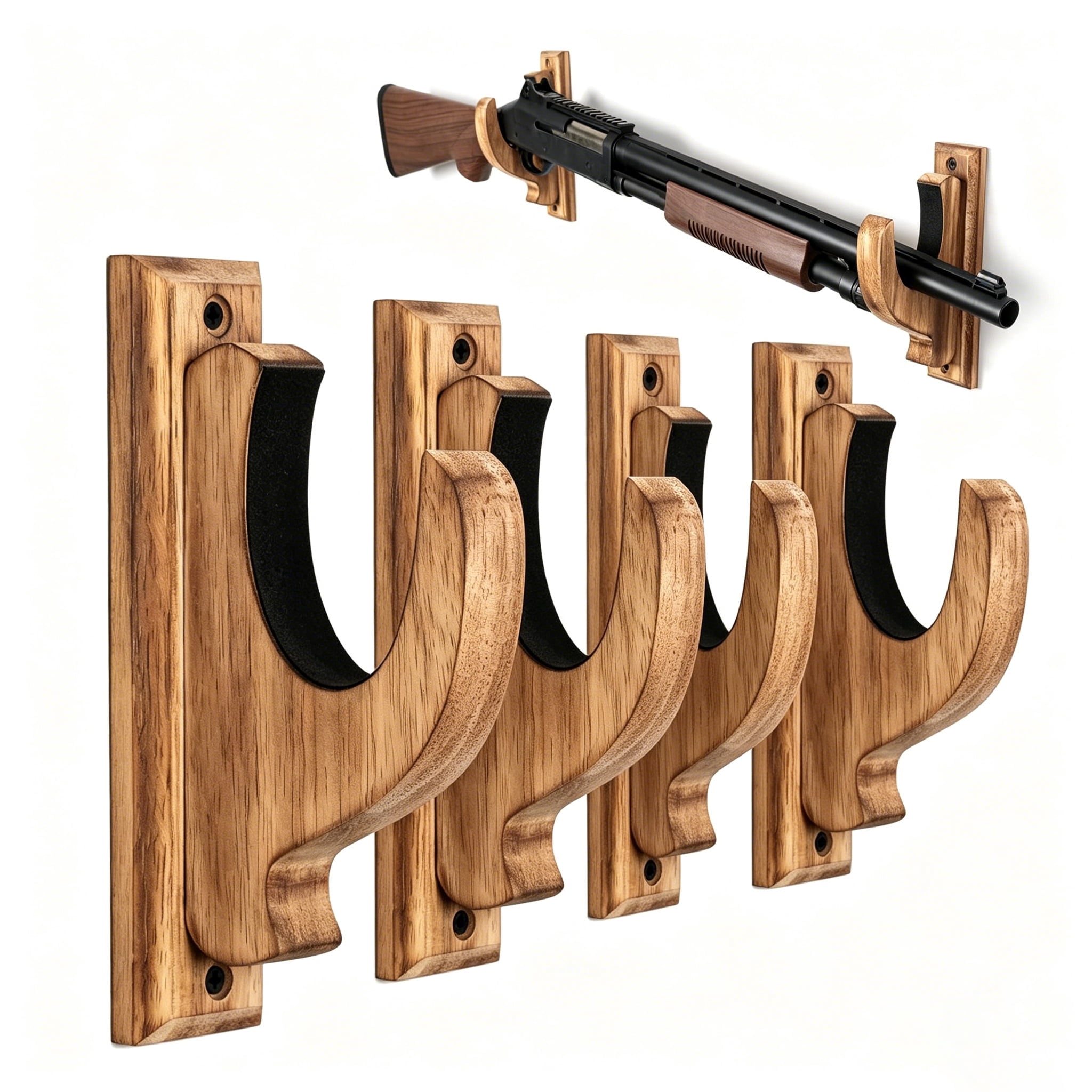COFUNUO Wood Gun Rack Real Wood Shotgun & Rifle Wall Mount Holder for Firearms, Vintage Gun Display(4 pack）