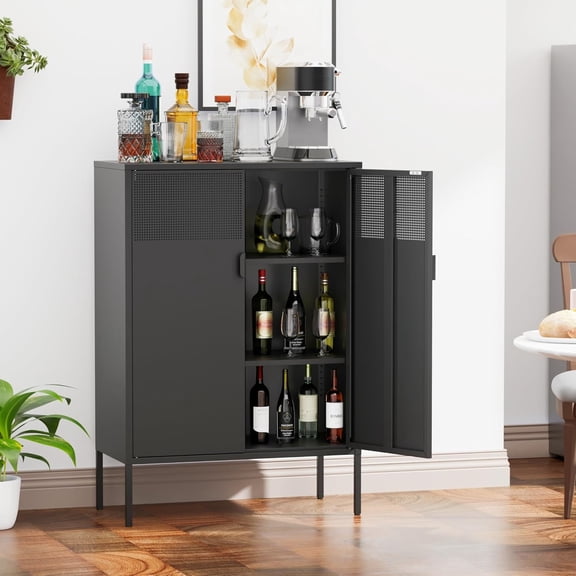 COFaR Metal Cabinet, Black Storage Cabinet with 2 Adjustable Shelves, 3 Tiers Metal Locker Cabinet for Office Bedroom TV Stand Sideboard Buffet, Black, 31.5×17.5×47.2 inch