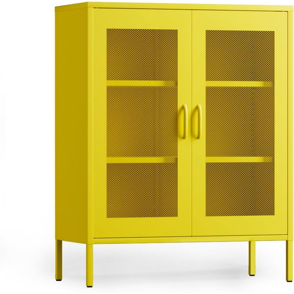 COFaR Metal Cabinet, Metal Storage Cabinets with 2 Mesh Doors and Adjustable Shelves, Locker Cabinet Storage for Coffee Bar TV Stand Bedroom Office Kitchen Buffet Sideboard Bookcase, Yellow 40''H
