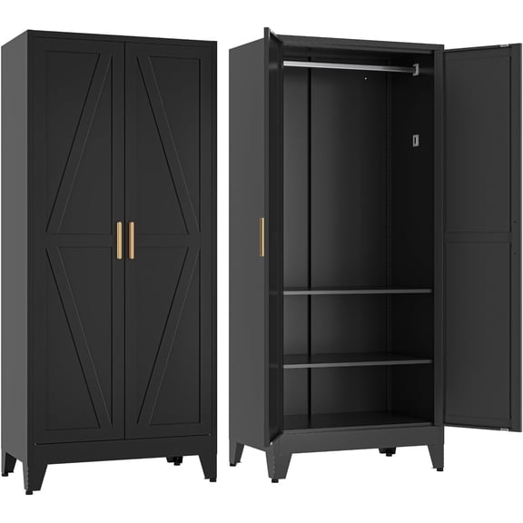 COFaR Metal Wardrobe Closet with Doors, Black Farmhouse Bedroom Armoires with Adjustable Hanging Rod and Shelves, 71'' Tall Closet Cabinet for Garage Storage, Roperos para Guardar Ropa