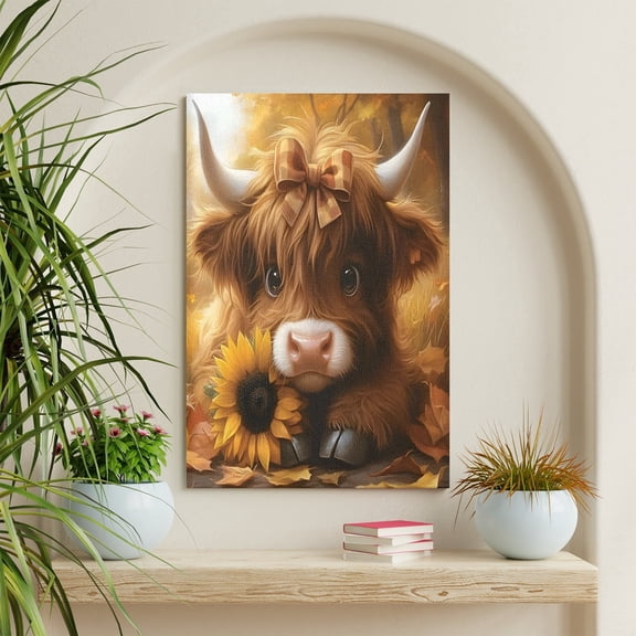 COGL Cute Highland Cow Baby Canvas Wall Art Rustic Farmhouse Sunflower Wall Decor Picture Baby Cow Poster Print for Bedroom Bathroom Home Decoration 16x16inch Framed