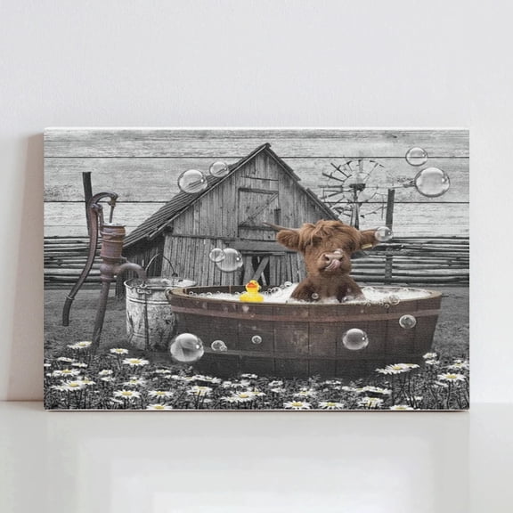 COGL Highland Cows Wall Art Farmhouse Bathroom Decor Wall Pictures Cute Cow Sitting in Bathtub Canvas Print Painting Rustic Cattle Wall Décor for Bathroom Artwork 24x16inch Framed