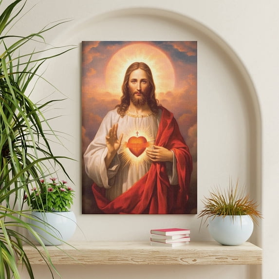 COGL Jesus Picture Sacred Heart of Wall Art Divine Mercy Picture Canvas Wall Decor Christ Jesus Portrait Poster Prints Christian Religious Artwork for Living Room Bedroom 12x18inch Framed