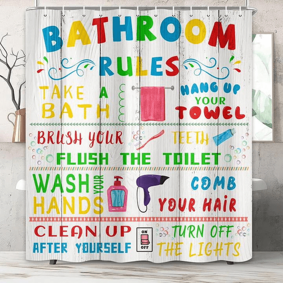 COGL Kids Shower Curtain, Funny Teen Boy Girl Shower Curtain Set for College Dorm , Cute Colorful Bathroom Rules Fabric Shower Curtain Restroom Bathtub Decor Accessories with Hooks 72X 72 inch