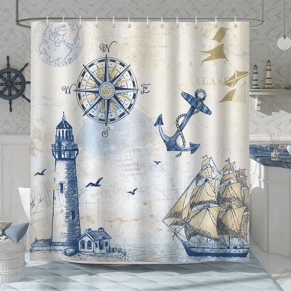 COGL Nautical Sailboat Lighthouse Compass Polyester Shower Curtain for Bathroom Family Bedroom 72 x 72 inch
