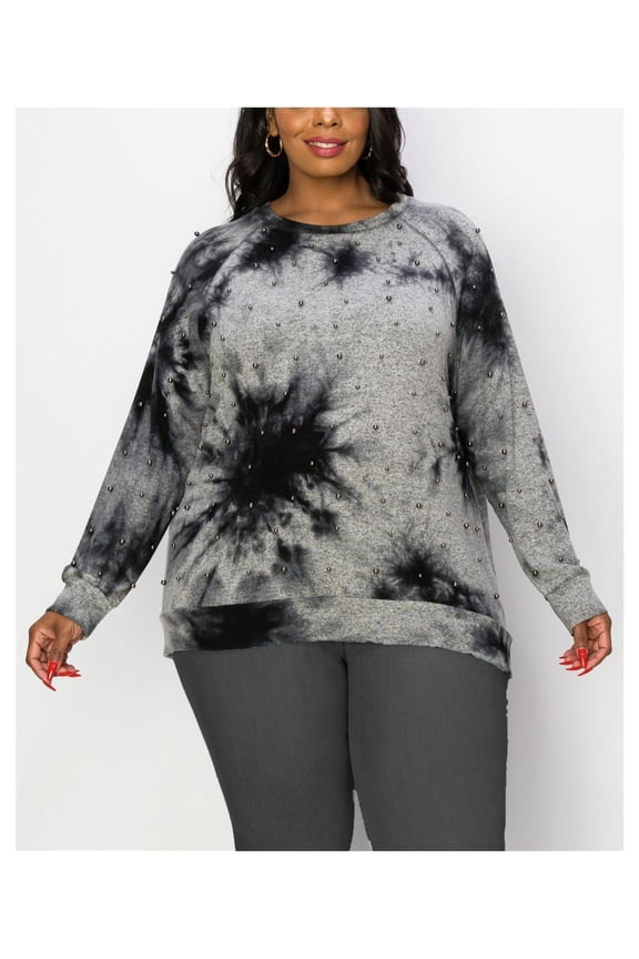 Womens Gunmetal Studs Knit Blouse, Grey, Plus Size, 3X