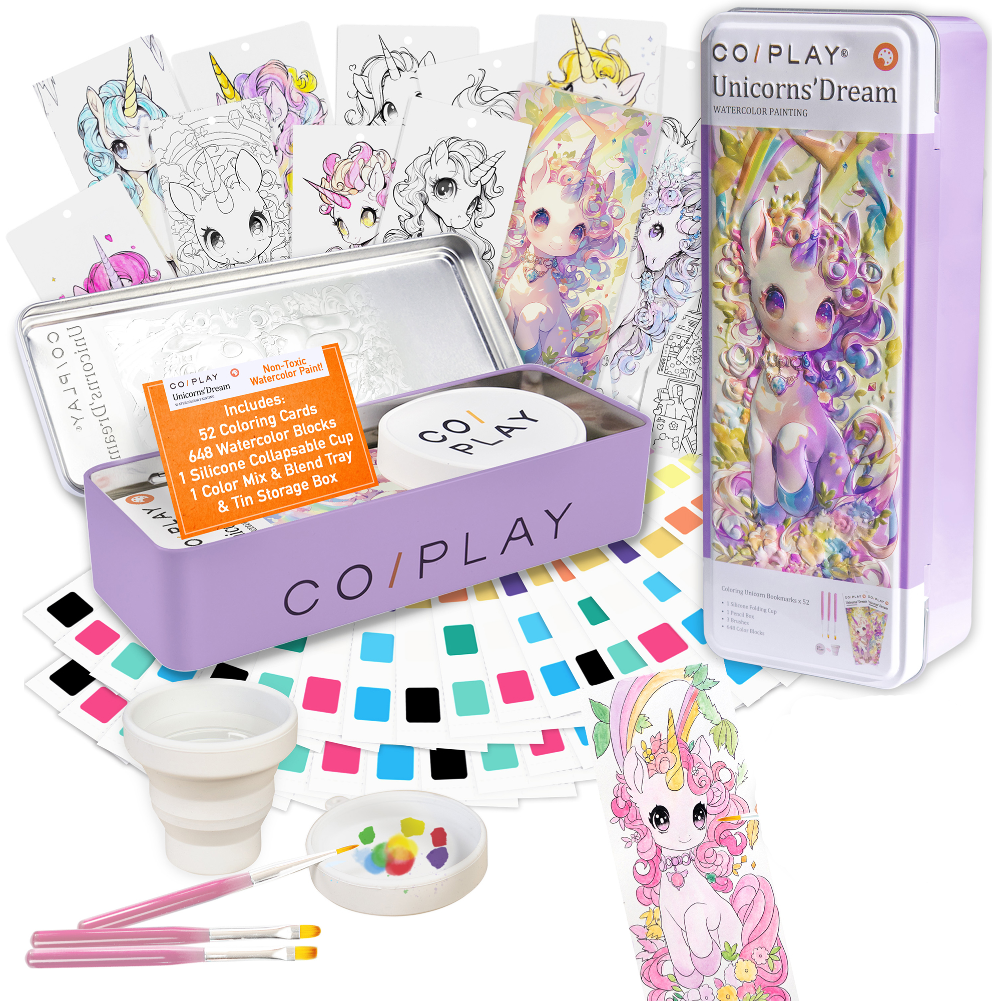 COIPLAY: Watercolor Painting Art Kit - Unicorns Dream - Tin Box, 52 Enchanting Bookmarks, 648 Color Blocks, 3 Brushes, Silicone Cup, Adults-Kids 6+