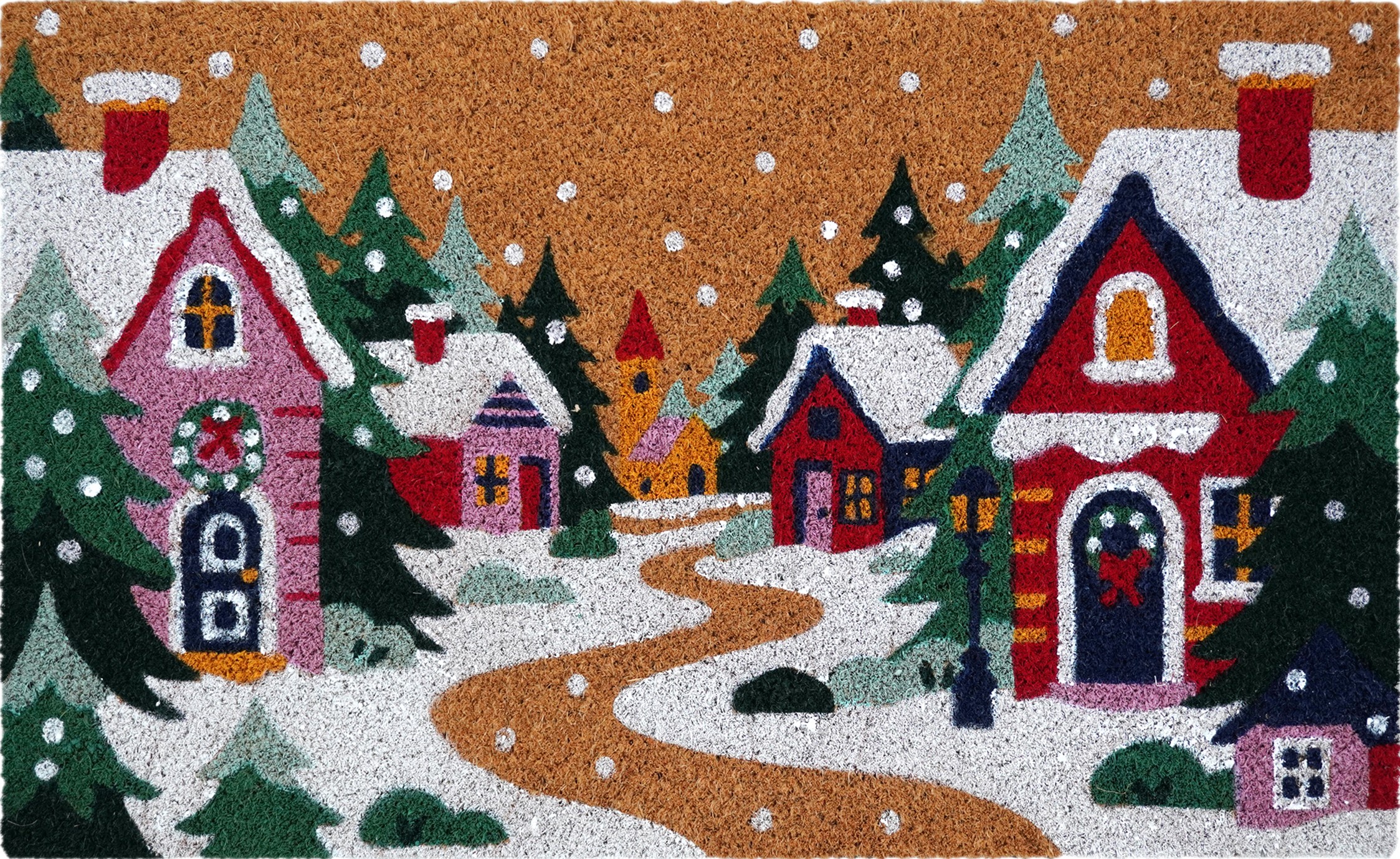 HT Ski Village Decorative Coir Welcome Doormat with Non-Slip Backing