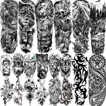 COKTAK 20 Sheets Extra Large Full Arm Temporary Tattoos For Men Adults, Tiger Snake Leopard Lion King Temporary Tattoos Sleeve For Women, Temp Waterproof Fake Tattoo Stickers For Kids Warrior Tatoos