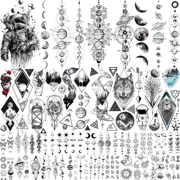 COKTAK 33 Sheets Black Outer Space Temporary Tattoos For Kids Boys Girls, Geometric Planets Fake Tattoo Sleeve For Women Men Adults Child, 3D Star Moon Sun Solar Syetem Tattoo Stickers Universe