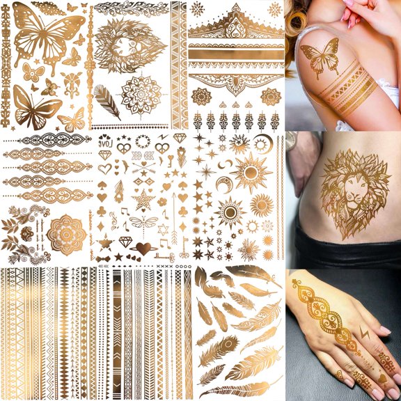 COKTAK 9 Sheets 110+ Designs Flash Gold Temporary Tattoos Metallic For Women Adults, Girl Golden Lion Festival Sun Moon Star Butterfly Glitter Tattoo Sticker, Fake Tattoos That Look Real and Last Long