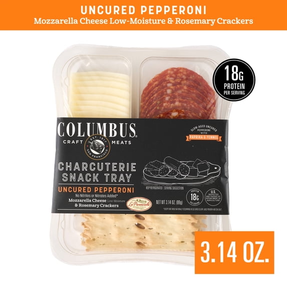 COLUMBUS Charcuterie Snack Tray with Uncured Pepperoni, Mozzarella Cheese, and Rosemary Crackers, 3.14 oz, Ready to Eat