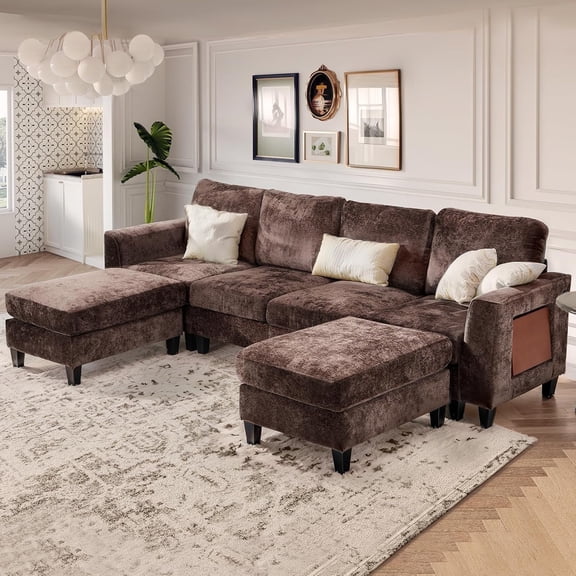 118" U Shaped Sectional Couches,4 Seat Modular Sofa with 2 Ottoman and Foldable Side Table for Living Room,Brown