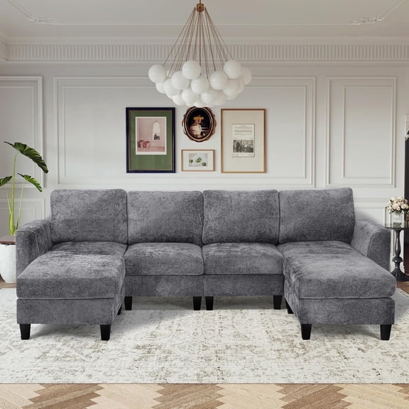 118" U Shaped Sectional Couches,4 Seat Modular Sofa with 2 Ottoman and Foldable Side Table for Living Room, Grey