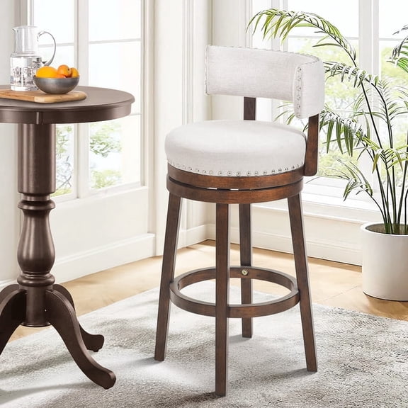 COLAMY 30" Swivel Bar Stool, 360° Bar Height Stool with Back, Beige Upholstered Modern Barstools for Kitchen Island & Home Bar, Sturdy Wood Frame, 300 lbs Capacity