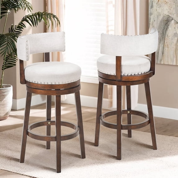 COLAMY 30" Swivel Bar Stools Set of 2, 360° Bar Height Stool with Back, Beige Upholstered Modern Barstools for Kitchen Island & Home Bar, Sturdy Wood Frame, 300 lbs Capacity