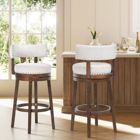 COLAMY Swivel Bar Stools Set of 2, 30 Inch Bar Height Stools, Modern Upholstered Wood Bar Chairs with Back for Kitchen Island & Home Bar, Heavy Duty 300 lbs Capacity, Fits 40-45" Bar Height, Beige