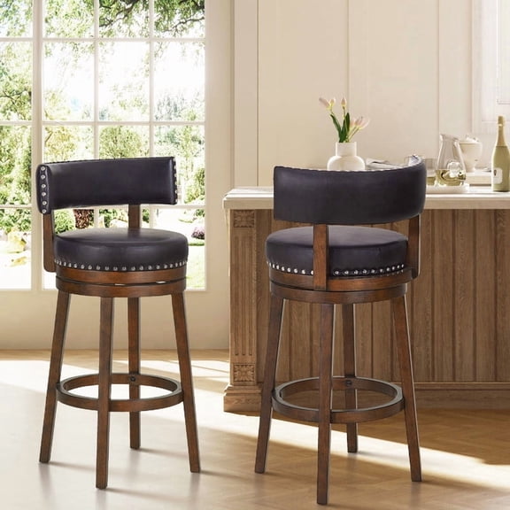 COLAMY Swivel Bar Stools Set of 2, 30" Bar Height Stools, Modern Upholstered Wood Bar Chairs with Back for Kitchen Island & Home Bar, Heavy Duty 300 lbs Capacity, Fits 40-45" Bar Height, Dark Brown