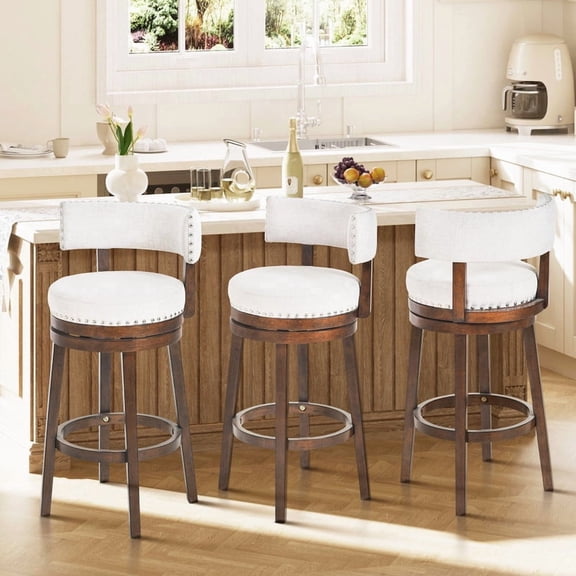 COLAMY Swivel Bar Stools Set of 3, 30 Inch Bar Height Stools, Modern Upholstered Wood Bar Chairs with Back for Kitchen Island & Home Bar, Heavy Duty 300 lbs Capacity, Fits 40-45" Bar Height, Beige