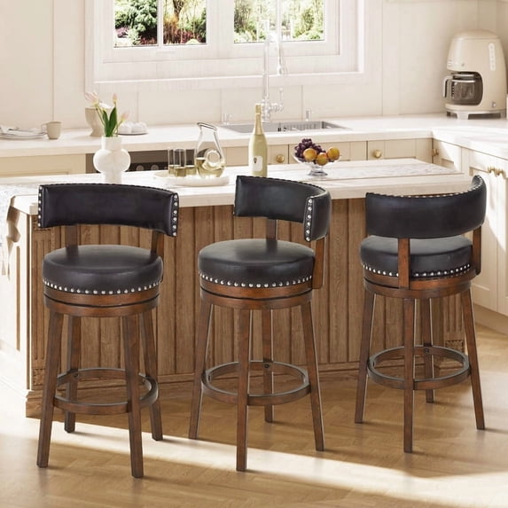 COLAMY Swivel Bar Stools Set of 3, 30" Bar Height Stools, Modern Upholstered Wood Bar Chairs with Back for Kitchen Island & Home Bar, Heavy Duty 300 lbs Capacity, Fits 40-45" Bar Height, Dark Brown