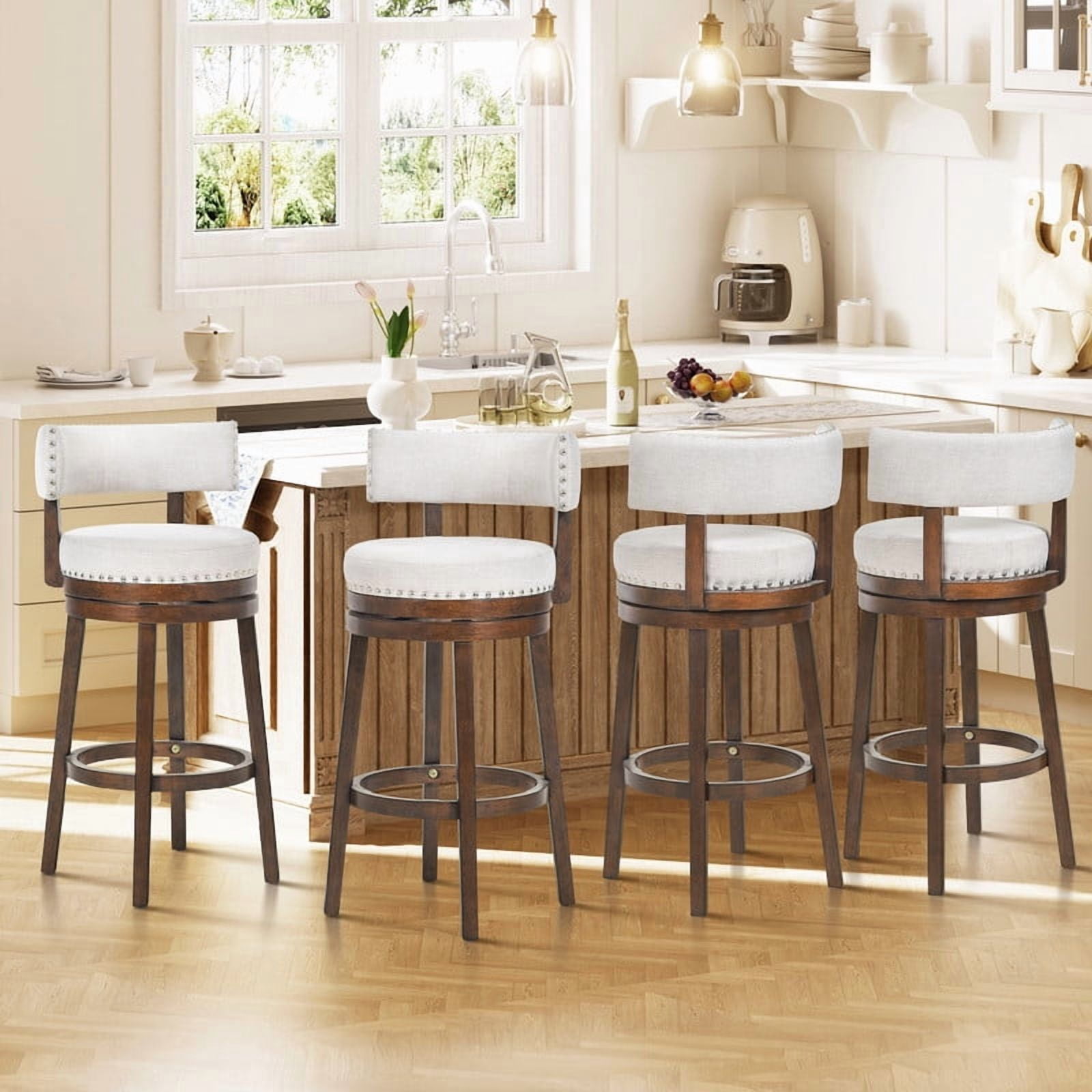 COLAMY Swivel Bar Stools Set of 4, 30 Inch Bar Height Stools, Modern Upholstered Wood Bar Chairs with Back for Kitchen Island & Home Bar, Heavy Duty 300 lbs Capacity, Fits 40-45" Bar Height, Beige