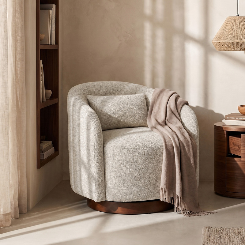 COLAMY 360 Swivel Accent Chair, Modern Boucle Swivel Barrel Chair, Comfy Upholstered Lounge Armchair Club Chair with Pillow for Living Room Bedroom, 1 PC, Light Gray