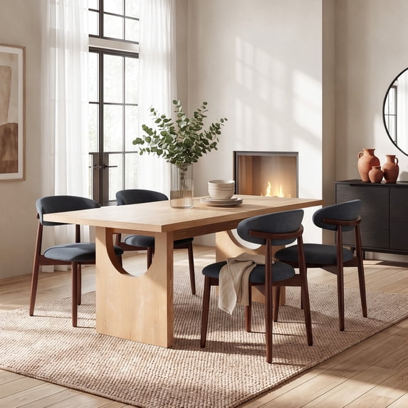 COLAMY 5 Piece Dining Room Table Set for 4-6 People, 72" Large Oak Veneer Wood Dining Table with Upholstered Chairs, Mid Century Modern Kitchen Furniture Set, Natural & Blue