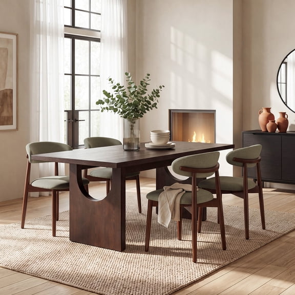COLAMY 5 Piece Dining Room Table Set for 4-6 People, 72" Large Oak Veneer Wood Dining Table with Upholstered Chairs, Mid Century Modern Kitchen Furniture Set, Walnut & Green